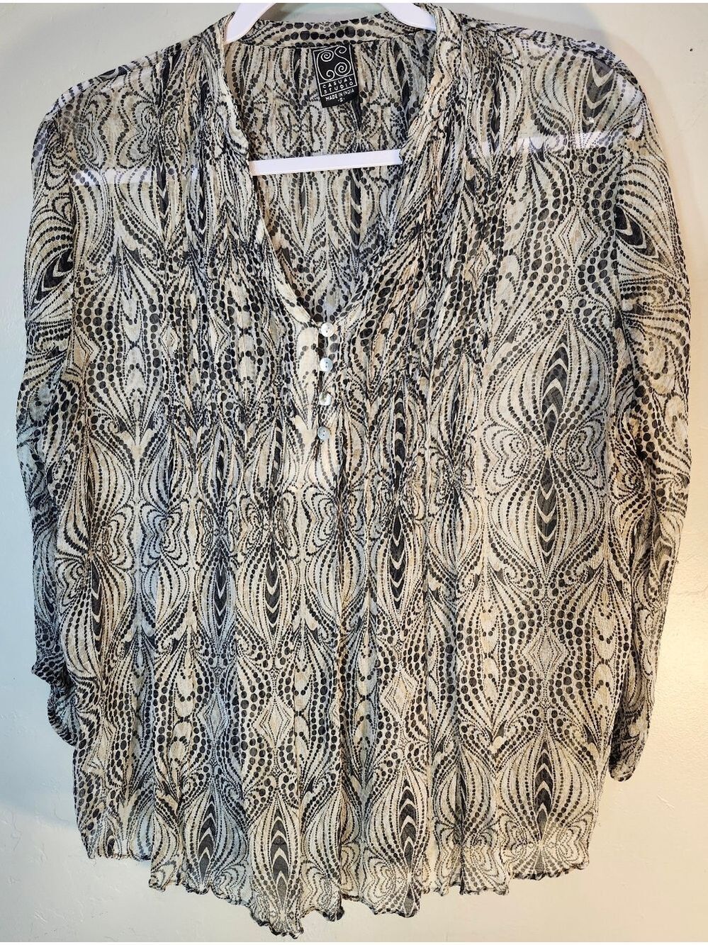 Sezane Black and Cream Abstract Print Sheer V-Neck Blouse